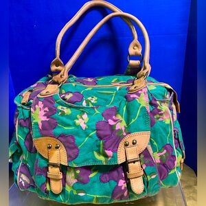 Anthropologie West Y2K Floral Green & Purple Travel Bag w/Leather Accents